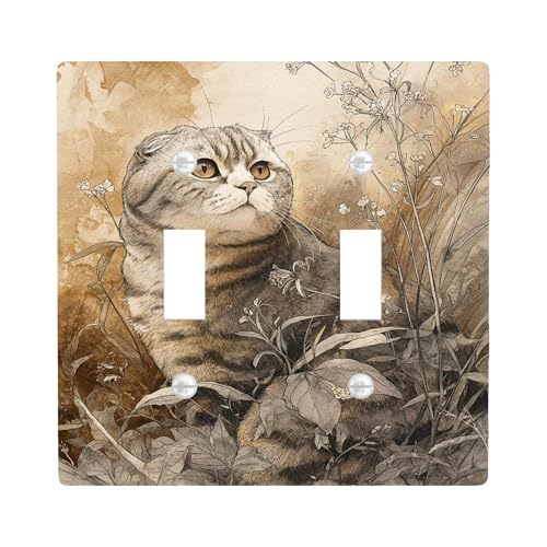 Artistic Cat Lichtschalter-Abdeckplatte, hellbraune getigerte Katze mit Blumen-Design für Heimdekoration, thermoplastische Wandplatten, Standardgröße Doppelknebel von Generic