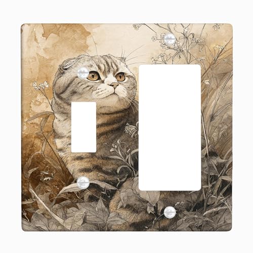 Artistic Cat Lichtschalter-Abdeckplatte, hellbraune getigerte Katze mit Blumen-Design für Heimdekoration, thermoplastische Wandplatten, Standardgröße Kippwippe von Generic