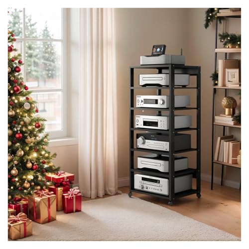 Audio HiFi Regal Rack 7-lagiger HiFi-Audioschrank, CD-Player-Ständer for das Wohnzimmer und Stereo-Rack-Audioturm mit höhenverstellbarem Holzregal for Zuhause/Büro/Theater(Schwarz) von Generic