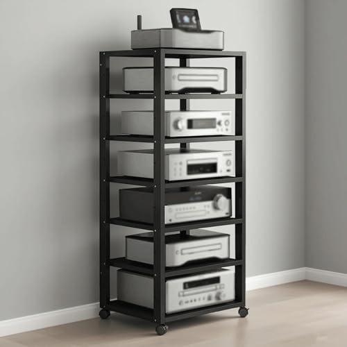 Audio-Rack-Tower 7-stufiger AV-Medienständer, Audio-Rack, CD-Player-Ständer, Stereo-Komponenten-Aufbewahrungsschrank mit höhenverstellbarem Holzregal(Schwarz) von Generic