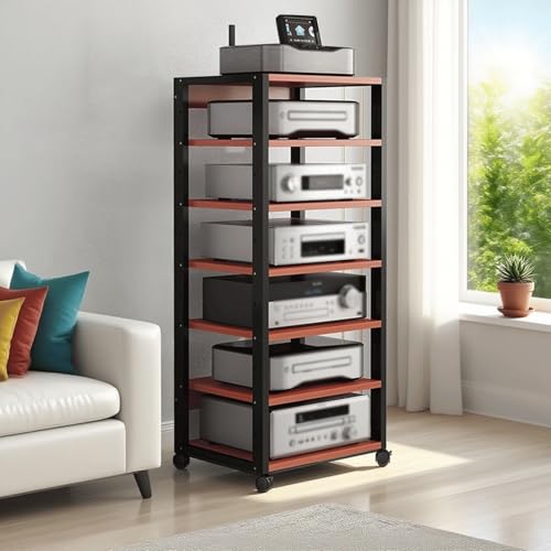 Audio-Rack-Tower 7-stufiger Audio-Rack-Turm, CD-Plattenspieler, Stereo-Receiver, AV-Geräteschrank, Präsentationsregal, Tragkraft 300 kg, mit verstellbaren Holzregalen for Zuhause(Red) von Generic