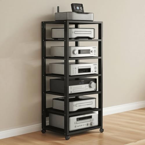 Audio-Rack-Tower HiFi-Ständer, 7-stufiger beweglicher AV-Medienständer, Komponentenschrank, Wohnzimmer-CD-Player-Ständer und Stereo-Rack-Audioturm mit höhenverstellbarem Holzregal(Schwarz) von Generic