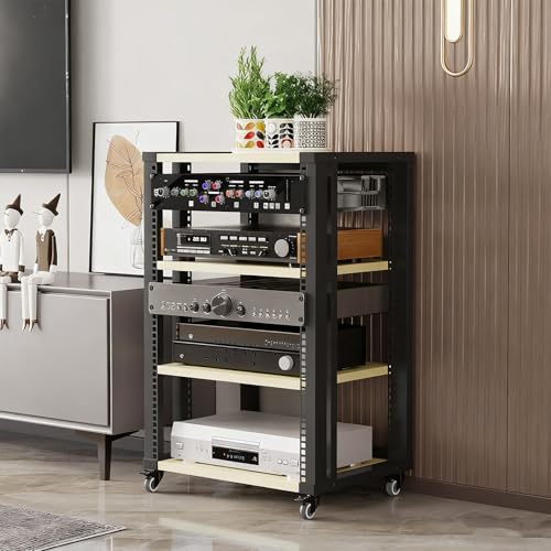 Audio-Video-Regal HiFi Rack aus Holz & Stahl, StereoKomponenten Rackschrank, Höhenverstellbarer Mediena Ufbewahrungssch Rank, für Heimkino Schlafzimmer(Beige,82cm/32.3in) von Generic