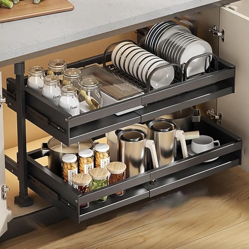 Ausziehbare Küchenschrank-Organizer, Schiebeschubladen Für Küchenschrank, Ausziehbare Schrank-Organizer-ausziehbare Schubladen, Kein Bohren Und Fräsen E, Black, Double Layer_41*42 * 52CM von Generic
