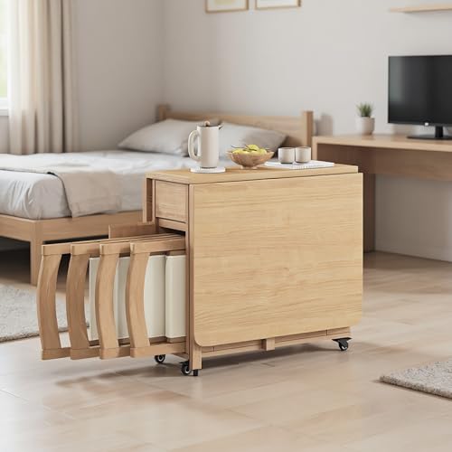 Ausziehbares Esstisch-Set aus Massivholz mit 4 Stühlen – platzsparendes Design for Küche, Esszimmer, Wohnzimmer und Restaurant von Generic