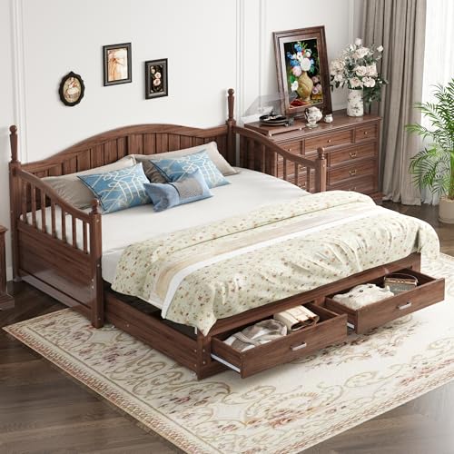 Ausziehbares Schlafsofa Aus Massivholz Tagesbett 90/180x190 cm mit Säulen geschwungener Rückenlehne Armlehnen Einzelbett mit Schubladen Stauraum Jugendbett Gästebett Braun Ausziehbares Schlafsofa Aus Massivholz Tagesbett 90/180x190 cm mit Säulen geschwungener Rückenlehne Armlehnen Einzelbett mit Schubladen Stauraum Jugendbett Gästebett Braun von Generic