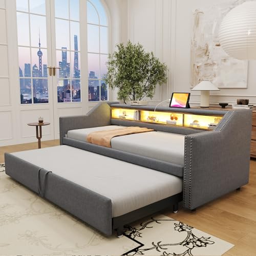 Ausziehbares Schlafsofa mit Staufach LED-Licht und USB-Buchse Polsterbett für Erwachsene Jugendliche Einzelbett mit Lattenrost Gästebett Ohne Matratze Dunkelgrau 90/180 x 190 cm von Generic