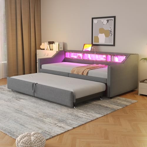 Ausziehbares Schlafsofa mit Staufach LED-Licht und USB-Buchse Polsterbett für Erwachsene Jugendliche Einzelbett mit Lattenrost Gästebett Ohne Matratze Hellgrau 90/180 x 200 cm von Generic