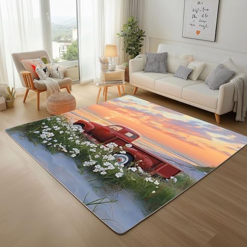 Auto Blume Sonnenuntergang Teppich Wohnzimmer 180x240cm Kurzflor Waschbarer Teppich Super Weich rutschfest Natur Landschaft Wohnzimmerteppich für Schlafzimmer Esszimmer Auto Blume Sonnenuntergang Teppich Wohnzimmer 180x240cm Kurzflor Waschbarer Teppich Super Weich rutschfest Natur Landschaft Wohnzimmerteppich für Schlafzimmer Esszimmer von Generic