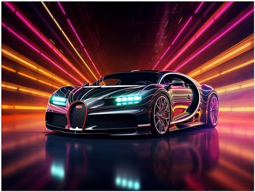 Auto Poster - Bugatti Chiron Neon Sportwagen Kunstdruck Illustration Wandbild P483N (40x30 cm) von Generic