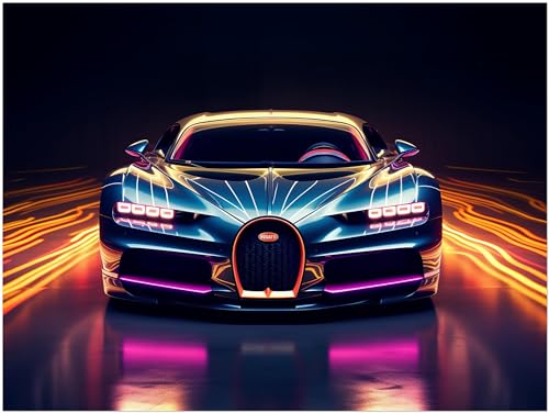 Auto Poster - Bugatti Chiron Neon Sportwagen Kunstdruck Illustration Wandbild P484N (60x45 cm) von Generic