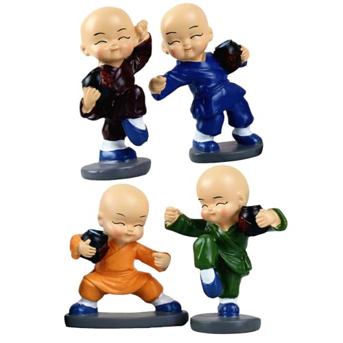 Autoschmuck des kleinen Mönchs, Statue des kleinen Mönchs, 4 niedliche Statuen des Kungfu-Mönchs, Buddha-Figuren, handgefertigtes Ornament aus Harz, niedliche Kungfu-Mönchstatue, Dekoration für Tafel von Generic