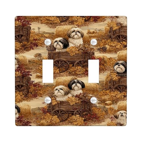 Autumn Dogs Lichtschalter-Abdeckplatten/Steckdosenabdeckungen, rustikales braunes Shih Tzu-Design für Heimdekoration, thermoplastische Wandplatten, Standard-Größe, Doppelknebel von Generic