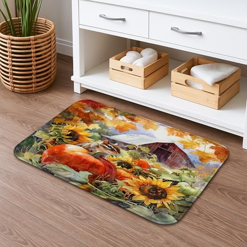 Autumn Harvest Streifenhörnchen-Badematte, rustikales Sonnenblumen- und Kürbis-Design für Herbstdekoration, saugfähiger, rutschfester Duschvorleger, gemütlicher Memory-Schaum-Badezimmerteppich, 40,6 x von Generic