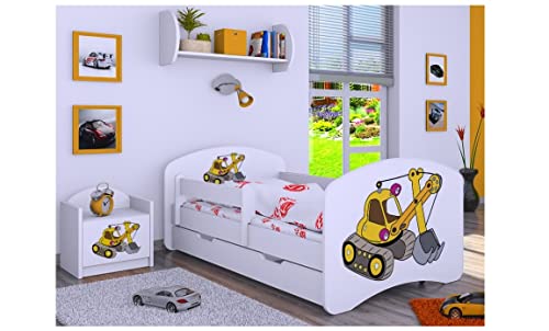 BDW Kinderbett mit Matratze und Bettkasten - NEU, 140/160/180/190 Verschiedene Motive Für Junge Weiß (Bagger, 180x90) von Generic