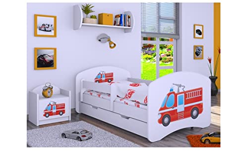 BDW Kinderbett mit Matratze und Bettkasten - NEU, 140/160/180/190 Verschiedene Motive Für Junge Weiß (Feuerwehr, 180x90) von Generic