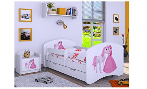 BDW Kinderbett mit Matratze und Bettkasten - NEU, 140/160/180/190 Verschiedene Motive Für Junge Weiß (Prinzessin mit Pferd, 140x70) von Generic