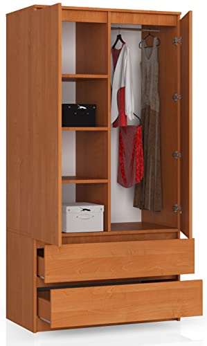 BDW Kleiderschränk 2 Türen, 4 Einlegeböden, Kleiderständer, 2 Schubladen, Mehrzweckschrank, Schubladenschrank, Garderobenschrank für Schlafzimmer, Wohnräume, 180x90x51cm, Erle von Generic