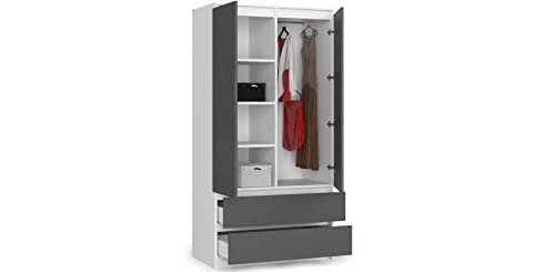 BDW Kleiderschränk 2 Türen, 4 Einlegeböden, Kleiderständer, 2 Schubladen, Mehrzweckschrank, Schubladenschrank, Garderobenschrank für Schlafzimmer, Wohnräume, 180x90x51cm, Weiß/Grau von BDW