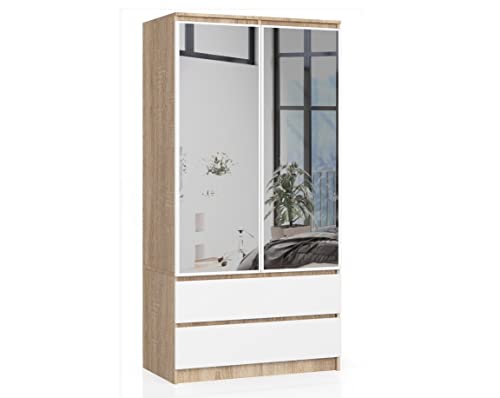 BDW Kleiderschrank 2 Türen 2 Schubladen 2 Spiegel für das Schlafzimmer Wohnzimmer Diele 180x90x51 (Sonoma-Eiche - Weiß) von Generic