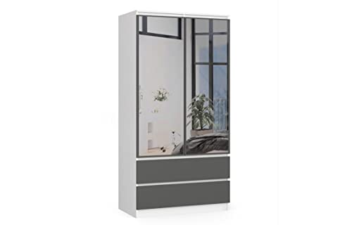 BDW Kleiderschrank 2 Türen 2 Schubladen 2 Spiegel für das Schlafzimmer Wohnzimmer Diele 180x90x51 (Weiß-Grau) von Generic