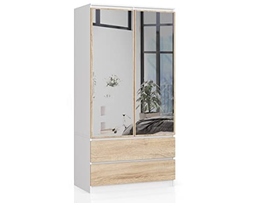 BDW Kleiderschrank 2 Türen 2 Schubladen 2 Spiegel für das Schlafzimmer Wohnzimmer Diele 180x90x51 (Weiß - Sonoma-Eiche), ONE SIZE von Generic