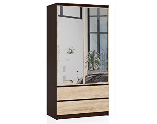 BDW Kleiderschrank 2 Türen 2 Schubladen 2 Spiegel für das Schlafzimmer Wohnzimmer Diele 180x90x51 (Wenge - Sonoma-Eiche) von Generic