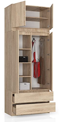 BDW Kleiderschrank 4 Türen, 4 Einlegeböden, Kleiderbügel, 2 Schubladen Kleiderschrank für das Schlafzimmer Wohnzimmer Diele 234x90x51cm (Eiche Sonoma) von Generic