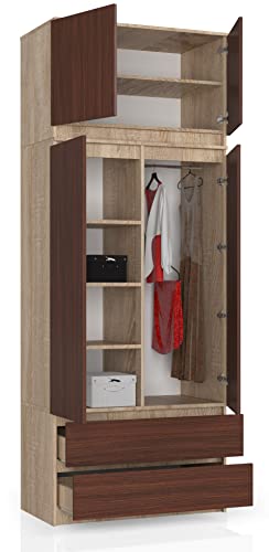BDW Kleiderschrank 4 Türen, 4 Einlegeböden, Kleiderbügel, 2 Schubladen Kleiderschrank für das Schlafzimmer Wohnzimmer Diele 234x90x51cm (Eiche Sonoma/Venga) von Generic