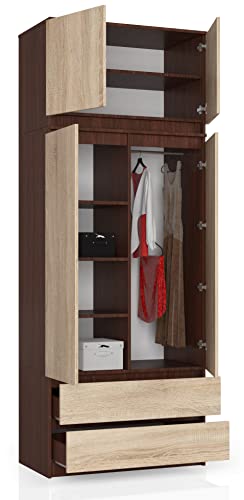 BDW Kleiderschrank 4 Türen, 4 Einlegeböden, Kleiderbügel, 2 Schubladen Kleiderschrank für das Schlafzimmer Wohnzimmer Diele 234x90x51cm (Venga/Eiche Sonoma) von Generic