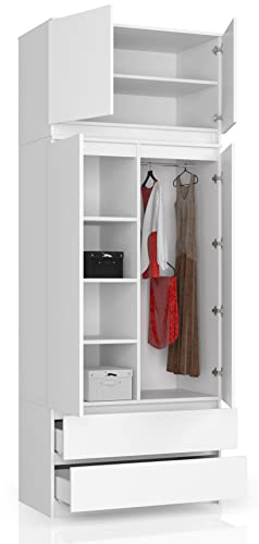 BDW Kleiderschrank 4 Türen, 4 Einlegeböden, Kleiderbügel, 2 Schubladen Kleiderschrank für das Schlafzimmer Wohnzimmer Diele 234x90x51cm (Weiß) von Generic