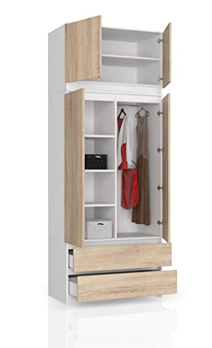 BDW Kleiderschrank 4 Türen, 4 Einlegeböden, Kleiderbügel, 2 Schubladen Kleiderschrank für das Schlafzimmer Wohnzimmer Diele 234x90x51cm (Weiß/Eiche Sonoma) von Generic