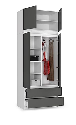 BDW Kleiderschrank 4 Türen, 4 Einlegeböden, Kleiderbügel, 2 Schubladen Kleiderschrank für das Schlafzimmer Wohnzimmer Diele 234x90x51cm (Weiß/Grau), ONE SIZE von Generic