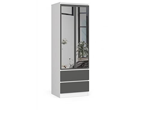 BDW Kleiderschrank mit Spiegel 2 Türen 2 Schubladen für Schlafzimmer Wohnzimmer Diele 180x60x51 (Weiß-Grau) von Generic