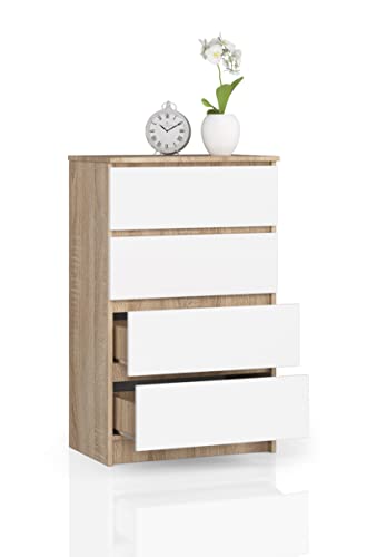 BDW Kommode mit 4 Schubladen, Sideboard, Multifunktionsschrank, Wohnzimmer, Esszimmer 60x99x40cm (Sonoma Eiche - Weiß) von Generic