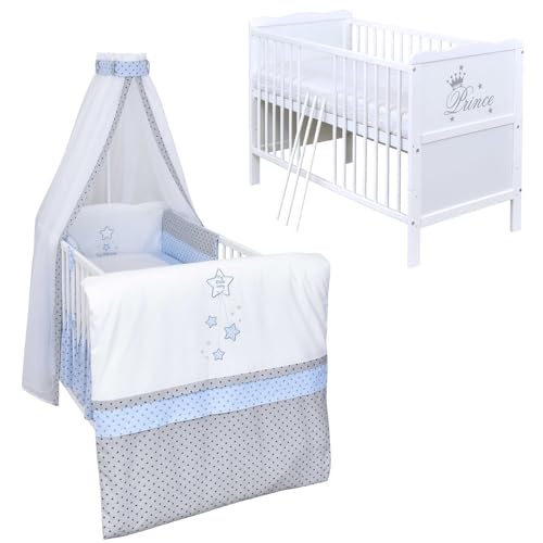 Babybett Komplett Set Max Prince 60x120 weiß Kinderbett umbaubar zum Juniorbett inkl. Bettwäsche Set Komplett (Magic Stars blau) von Generic