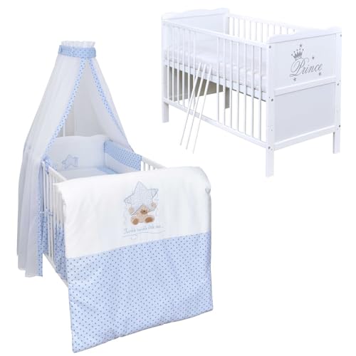 Babybett Komplett Set Max Prince 60x120 weiß Kinderbett umbaubar zum Juniorbett inkl. Bettwäsche Set Komplett (Twinkle Star blau) von Generic