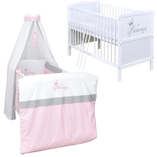 Babybett Komplett Set Max Princess 60x120 weiß Kinderbett umbaubar zum Juniorbett inkl. Bettwäsche Set Komplett (Princess Stars) von Generic