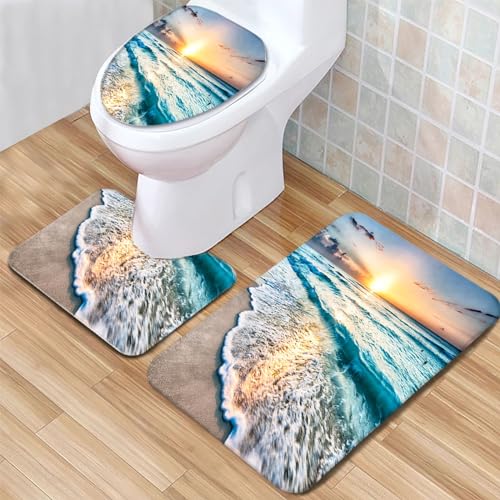 Badematte Blick auf das Meer bei Sonnenuntergang Badezimmerteppich Set 3 Teilig Mikrofaser Badteppiche und WC Vorleger mit Ausschnitt Waschbar rutschfeste Badvorleger Toilette Teppich von Generic