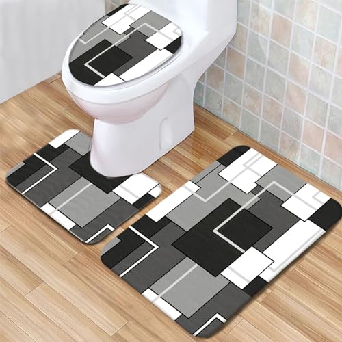 Badematte Geometrische schwarz-weiße Fliesen Badezimmerteppich Set 3 Teilig Mikrofaser Badteppiche und WC Vorleger mit Ausschnitt Waschbar rutschfeste Badvorleger Toilette Teppich von Generic