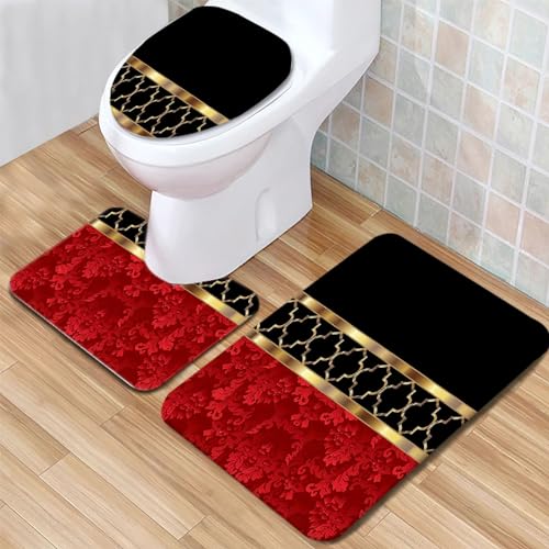Badematte Goldenes Hohlmuster Badezimmerteppich Set 3 Teilig Mikrofaser Badteppiche und WC Vorleger mit Ausschnitt Waschbar rutschfeste Badvorleger Toilette Teppich von Generic