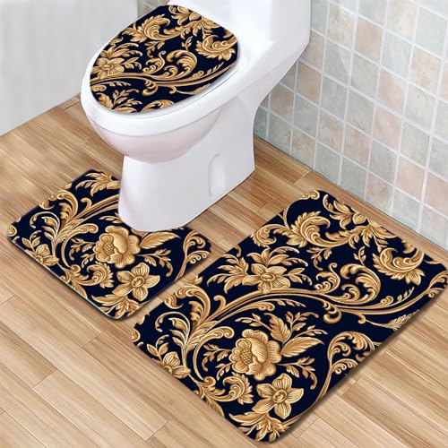 Badematte Goldenes Pflanzenmuster Badezimmerteppich Set 3 Teilig Mikrofaser Badteppiche und WC Vorleger mit Ausschnitt Waschbar rutschfeste Badvorleger Toilette Teppich von Generic