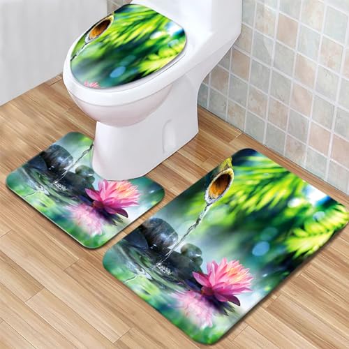 Badematte Lotuslandschaft Badezimmerteppich Set 3 Teilig Mikrofaser Badteppiche und WC Vorleger mit Ausschnitt Waschbar rutschfeste Badvorleger Toilette Teppich von Generic