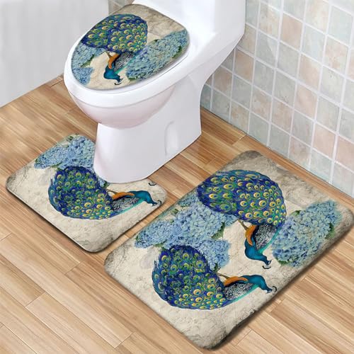 Badematte Pfauenblume Badezimmerteppich Set 3 Teilig Mikrofaser Badteppiche und WC Vorleger mit Ausschnitt Waschbar rutschfeste Badvorleger Toilette Teppich von Generic