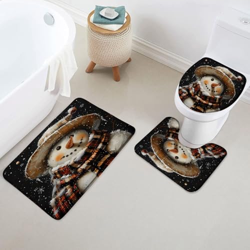 Badematte Set 3 Teilig,Rustikaler Schneemann Weihnachten Schneeflocke Vintage Schneemann Kunst Waschbar U-Form Badteppich rutschfest WC Matte für Dusche WC Boden Badematte Set 3 Teilig,Rustikaler Schneemann Weihnachten Schneeflocke Vintage Schneemann Kunst Waschbar U-Form Badteppich rutschfest WC Matte für Dusche WC Boden von Generic