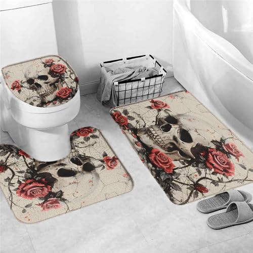 Badematte Set 3 Teilig,Schädel Mit Roten Blumen Halloween Tag Gothic Gruselig Gruselig Horror Roses Mikrofaser U-Form Badteppich rutschfest WC Matte für Badezimmer WC Dusche Badematte Set 3 Teilig,Schädel Mit Roten Blumen Halloween Tag Gothic Gruselig Gruselig Horror Roses Mikrofaser U-Form Badteppich rutschfest WC Matte für Badezimmer WC Dusche von Generic