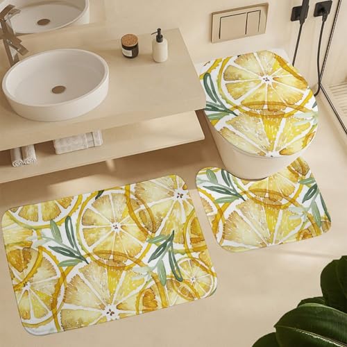 Badematte Set 3 Teilig Aquarell Zitronen Früchte U-Form Badteppich WC Vorleger Flauschig,Schnell Trocknend für Dusche WC von Generic