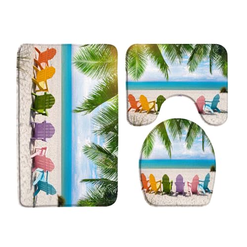 Badematte Set 3 Teilig Strand Sommer Ocean Colorful Strandkorb Tropisch Palme U-förmiger Teppich WC Vorleger Waschbar,Mikrofaser für Badezimmer WC Badematte Set 3 Teilig Strand Sommer Ocean Colorful Strandkorb Tropisch Palme U-förmiger Teppich WC Vorleger Waschbar,Mikrofaser für Badezimmer WC von Generic