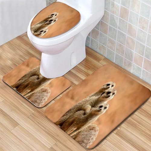 Badematte Tier Erdmännchen & Braun Badezimmerteppich Set 3 Teilig Mikrofaser Badteppiche und WC Vorleger mit Ausschnitt Waschbar rutschfeste Badvorleger Toilette Teppich von Generic