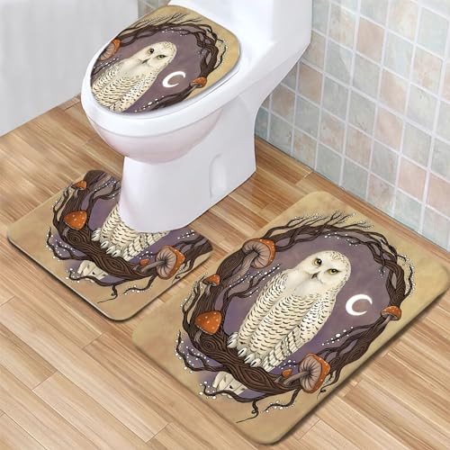 Badematte Tier Eule Badezimmerteppich Set 3 Teilig Mikrofaser Badteppiche und WC Vorleger mit Ausschnitt Waschbar rutschfeste Badvorleger Toilette Teppich von Generic